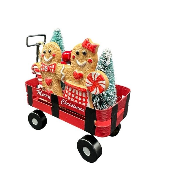 New Gingerbread Boy Girl Ornament Wagon Cart Miniature Christmas Holiday Decor - Picture 3 of 11